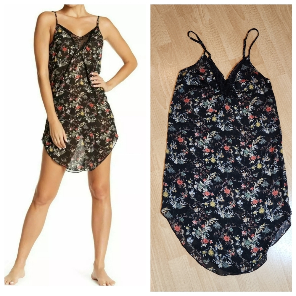 Sam Edelman Black‎ Floral Chemise Night Gown Lace Detail Size Small